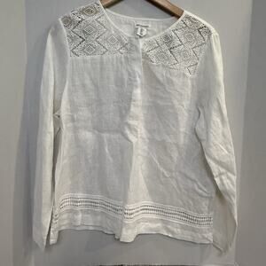 Artisan‎ NY 100% Linen Blouse Ivory Crochet Accents L Summer